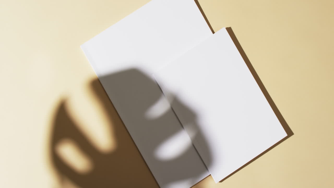 Video of shadow of plant over books with blank white pages and copy space on yellow background