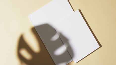 video of shadow of plant over books with blank white pages and copy space on yellow background