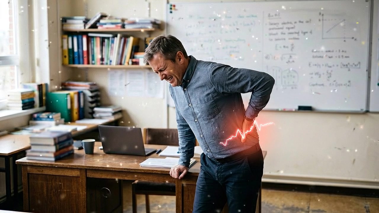 Office employee standing beside desk while pressing painful lower back