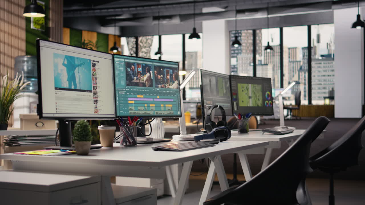 Ufficio moderno vuoto con diverse postazioni di editing video