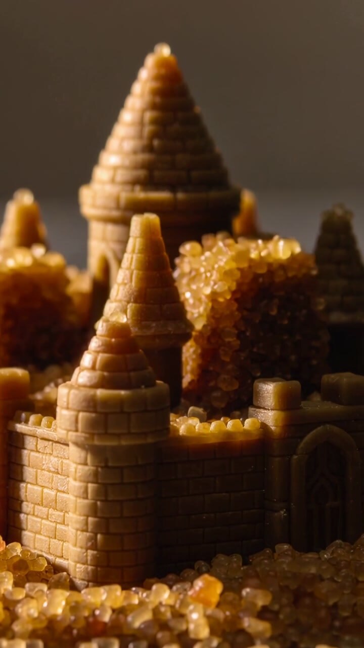 Vertical video: Pulling back, camera revealing turreted castle on studio tabletop, amber crystals