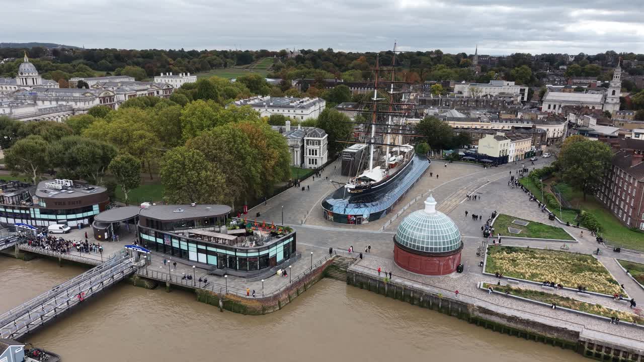 Cutty Sark Greenwich London UK pull back drone aerial reverse reveal