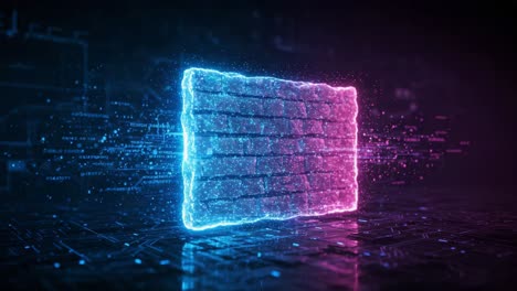 a dynamic transformation: glowing neon brick wall evolving with digital particles in futuristic tech environment