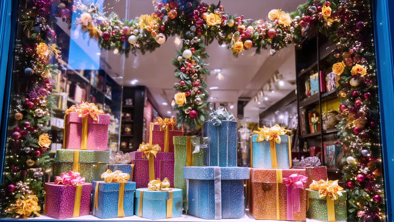 Festive Christmas Window Display with Gifts and Decorations