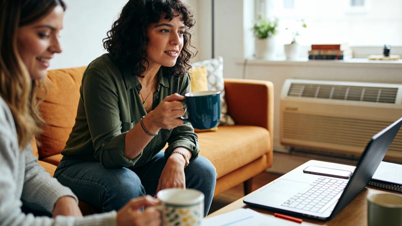 Leaning women in green shirt, light sweater sipping mugs on orange sofa while laptop streaming show