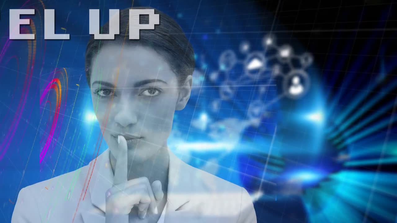 animación de mujer caucásica, nivel superior, luces de neón y datos diversos en el espacio digital.