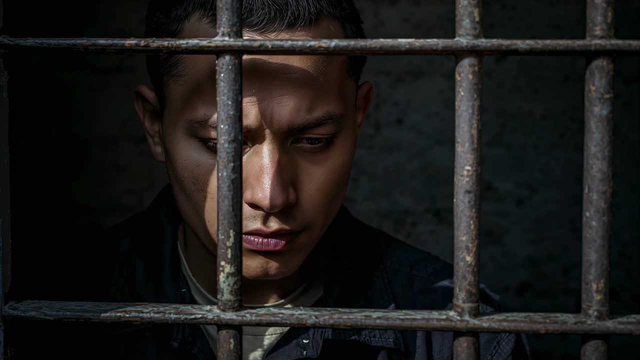 Shifting Asian man lifting gaze behind rusted bars in cell, dark jacket, narrow beam causing focus