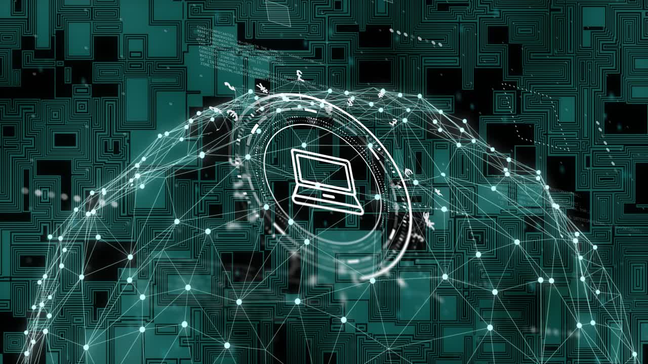Animation of laptop icon and data processing over network of connections and globe