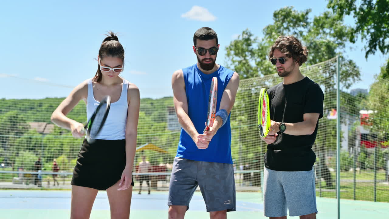 Two men and a woman practicing tennis on a blue and green court on a sunny day