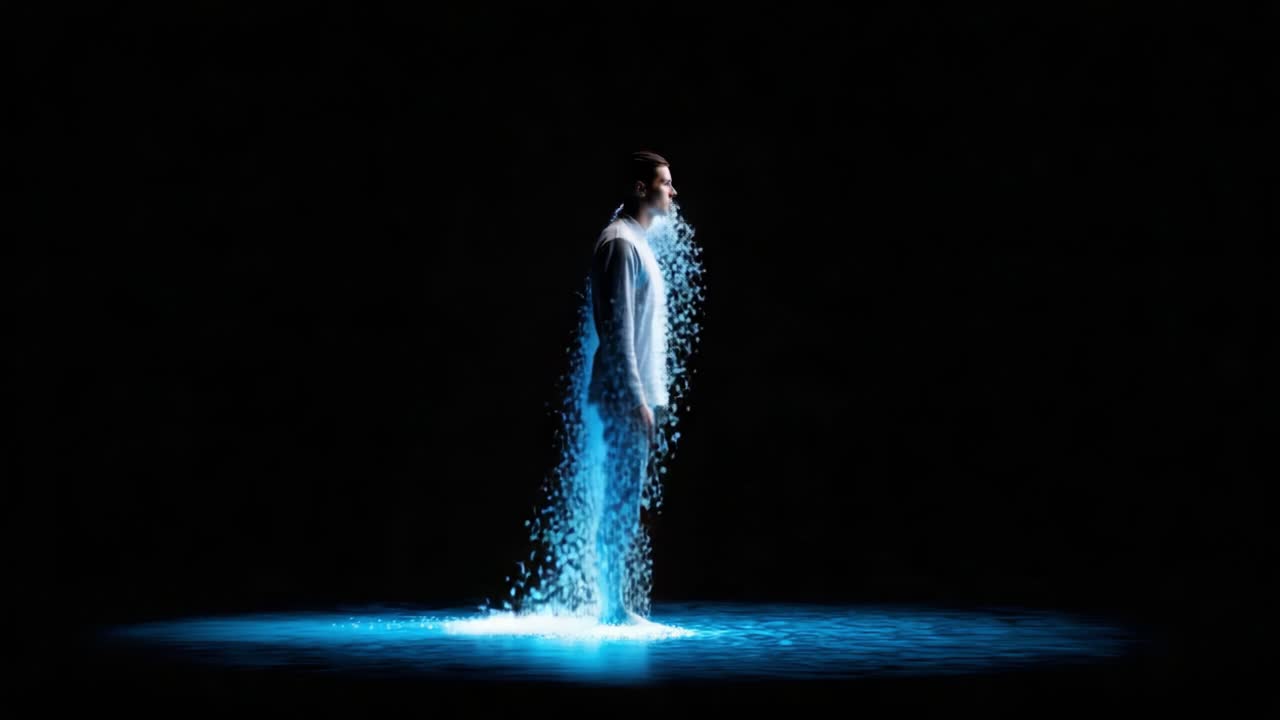 A Surreal Representation of Transformation: A Figure Merging with Digital Particles Against a Dark Background, Signifying the Intersection of Humanity and Technology