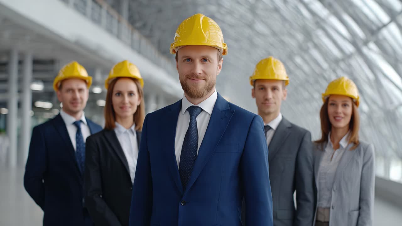 A Group of Professionals in Construction Helmets Poses for the Camera, Showcasing Leadership and Teamwork in a Modern Industrial Setting