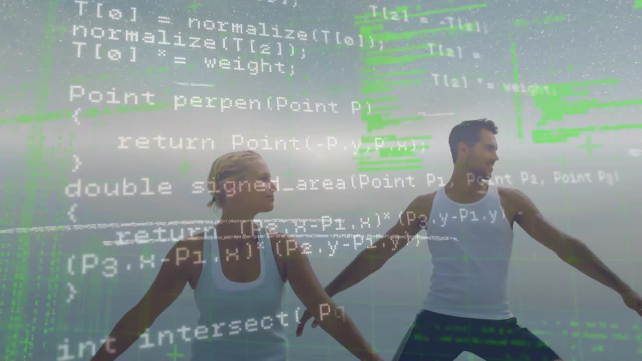 анимация обработки данных над кавказской парой, занимающейся на пляже