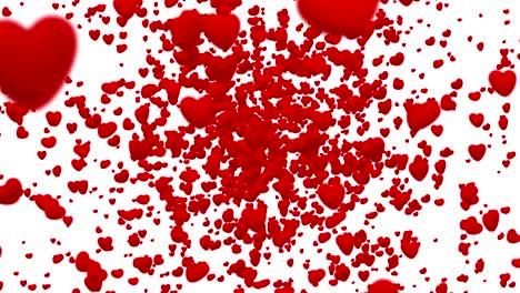 animación de corazones rojos volando en vórtice sobre fondo blanco con desvanecimiento, bucle sin costuras.