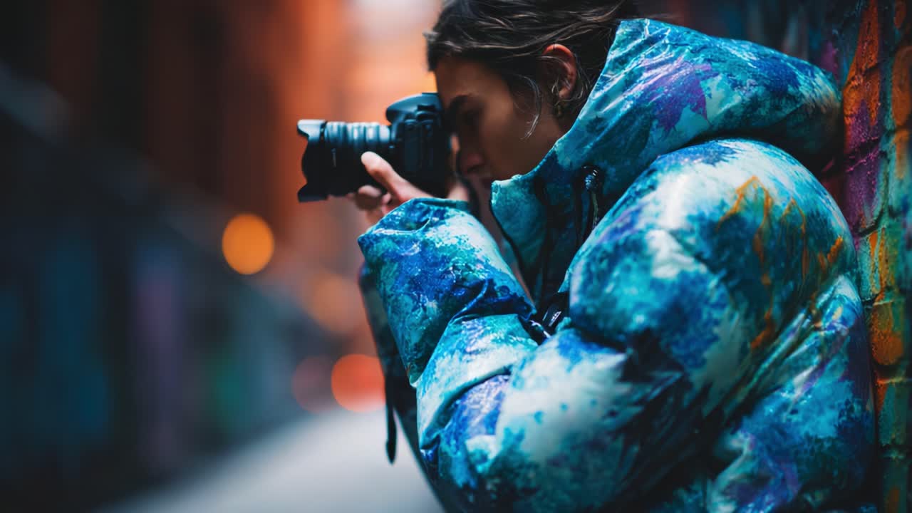 A Passionate Photographer Captures Urban Art in a Vibrant Alleyway, Showcasing Creativity and Expression Through the Lens of a Camera While Dressed in a Colorful Jacket