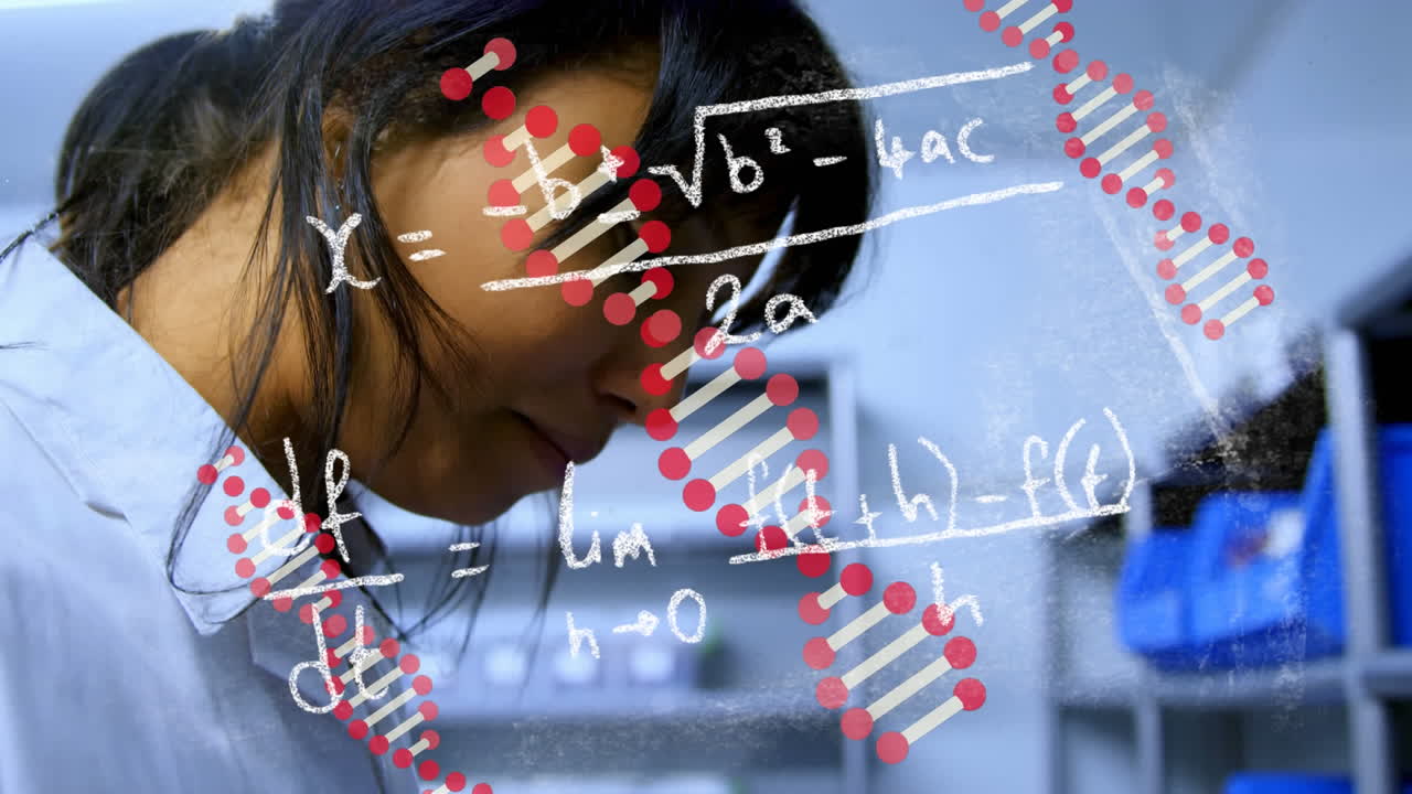 Digital animation showcases DNA research with a female scientist.