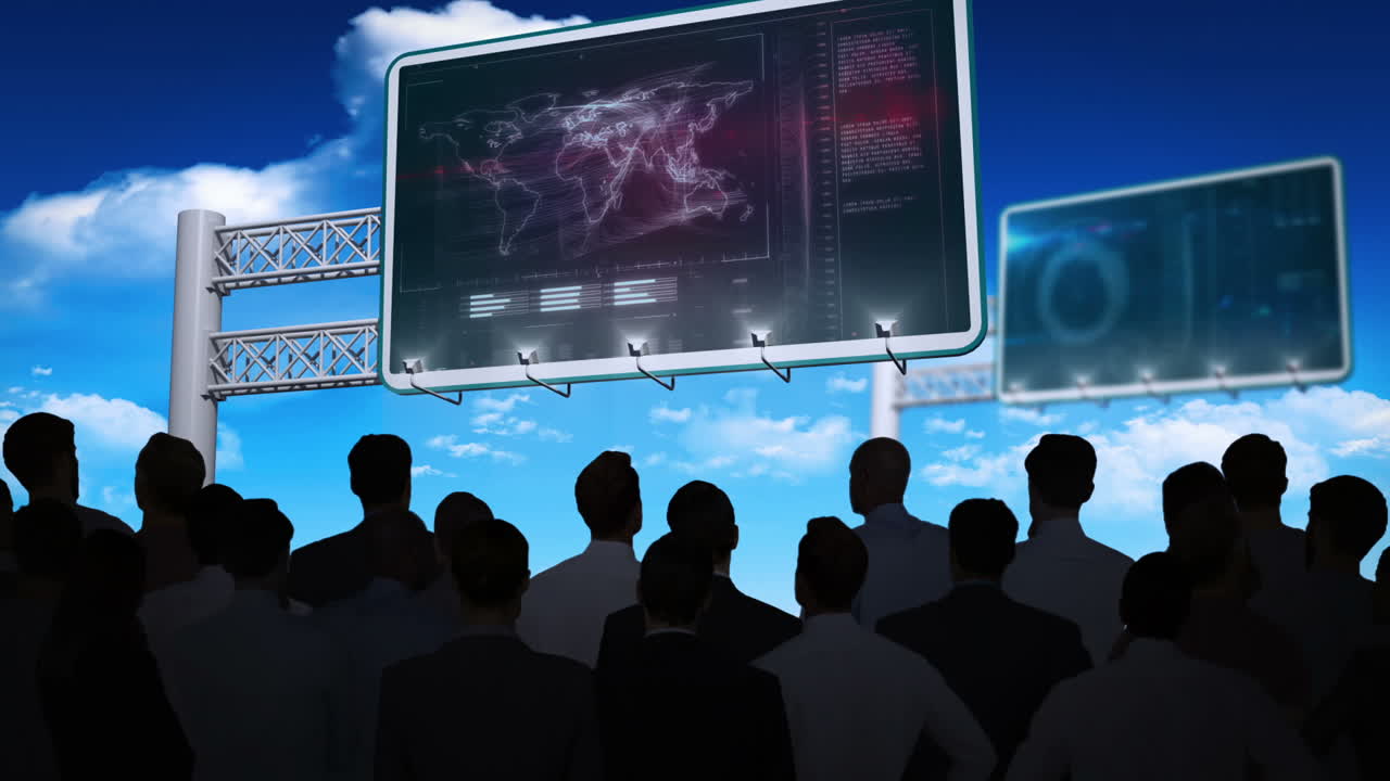 사업가 들 이 광고판 에 있는 데이터 인터페이스 를 보고 있다