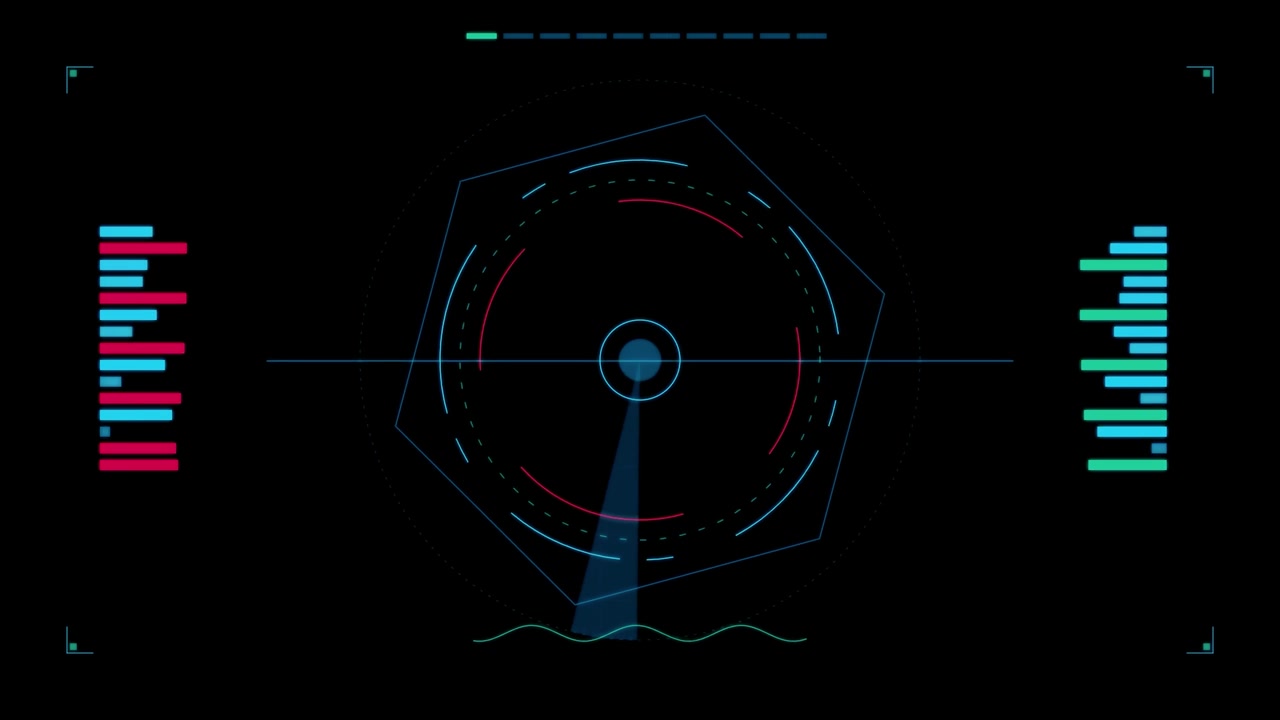 Interfaccia radar futuristica con scansione e visualizzazione dati digitale