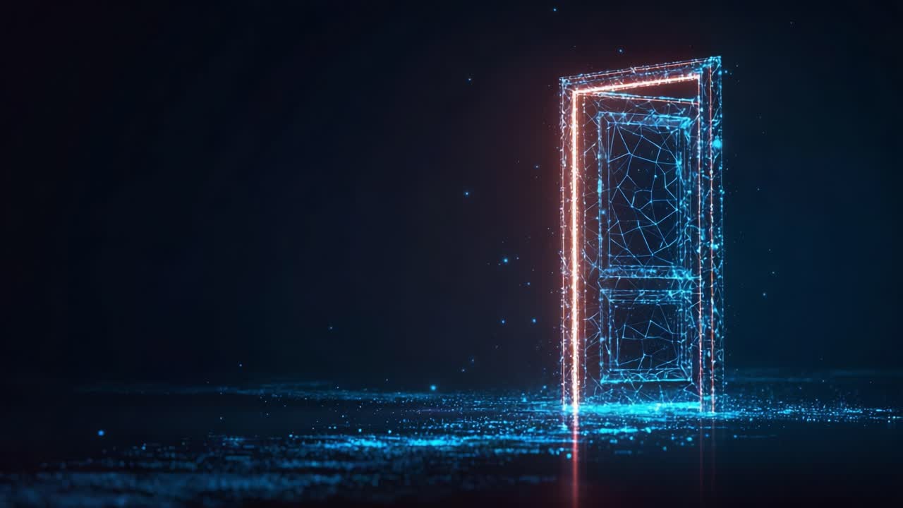 A Vivid Neon Portal: Exploring the Concept of an Ethereal Doorway Emerging from a Digital Landscape, Representing Infinite Possibilities and New Beginnings