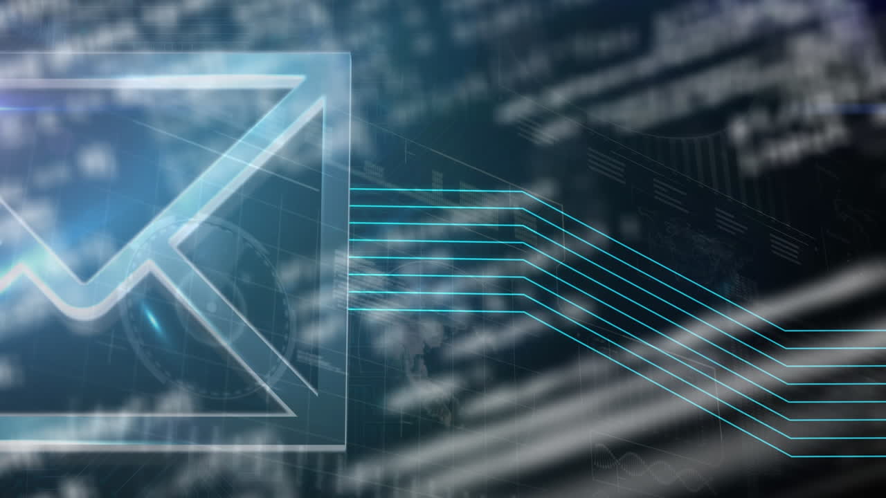 animación de iconos de un sobre con datos e información que se mueven en la pantalla