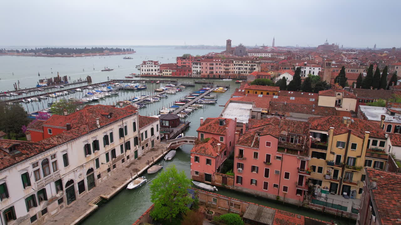Isolated local port on the island of Venice. Aerial