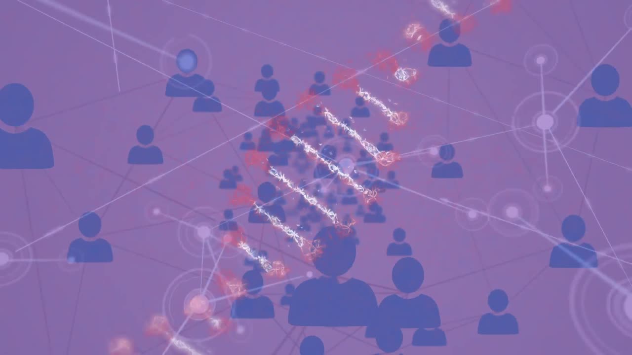 dna 가닥의 애니메이션, 사람들과의 연결 네트워크 보라색 배경의 아이콘