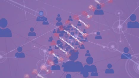 dna 가닥의 애니메이션, 사람들과의 연결 네트워크 보라색 배경의 아이콘