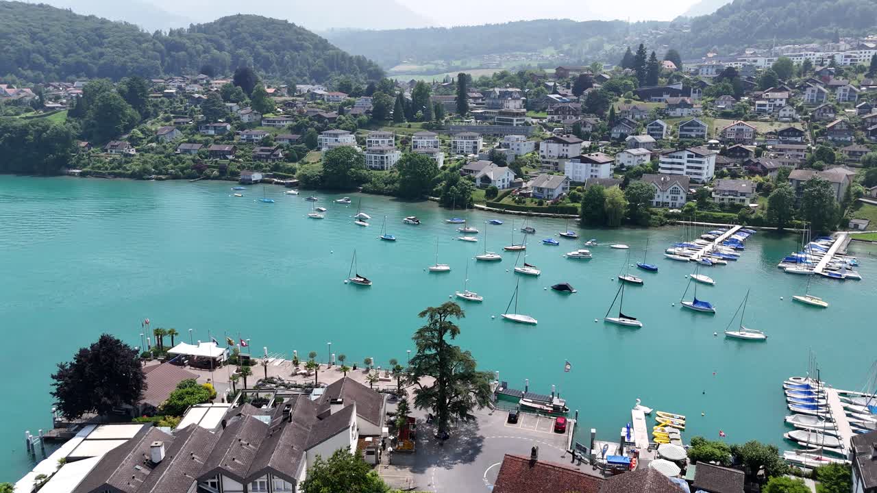 Spiez Castle on lake Thun Switzerland drone, aerial