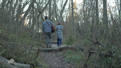 musicians-walking-on-a-trail-in-the-fall,-in-slow-motion