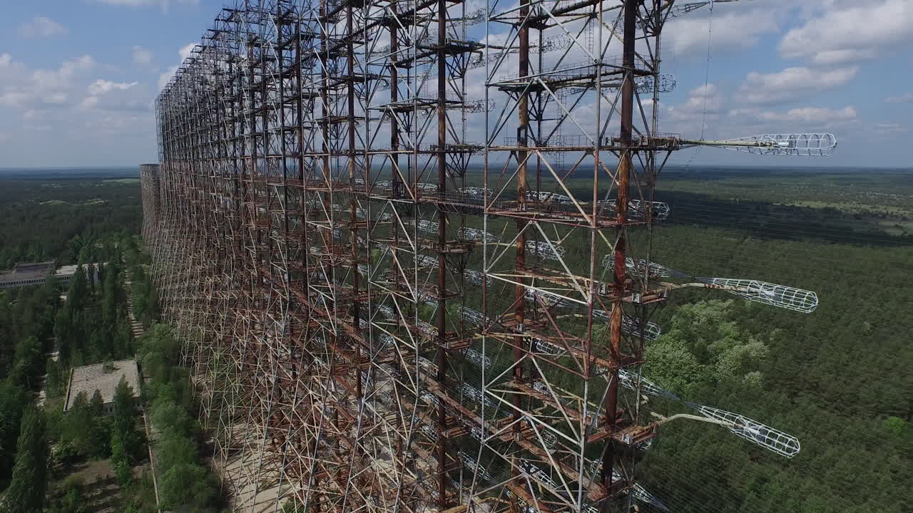 Aerial view of the massive Duga radar array near Chernobyl, Ukraine. A relic of the Cold War era