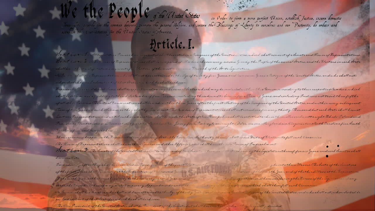 Written constitution of the United States and a flag behind a military man 4k