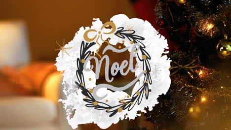 animation of noel text over christmas tree