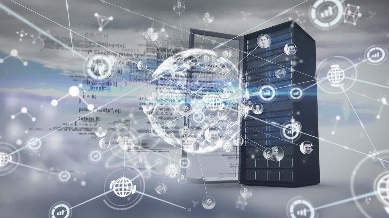 네트워크 및 그래프 아이콘과 cpu 및 클라우드를 통해 상호 연결 및 코드를 가진 디지털 글로브의 애니메이션