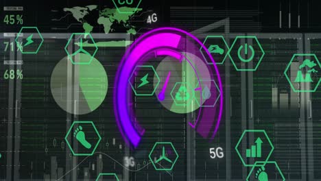 Animation-of-data-processing-and-server-room-over-speedometer