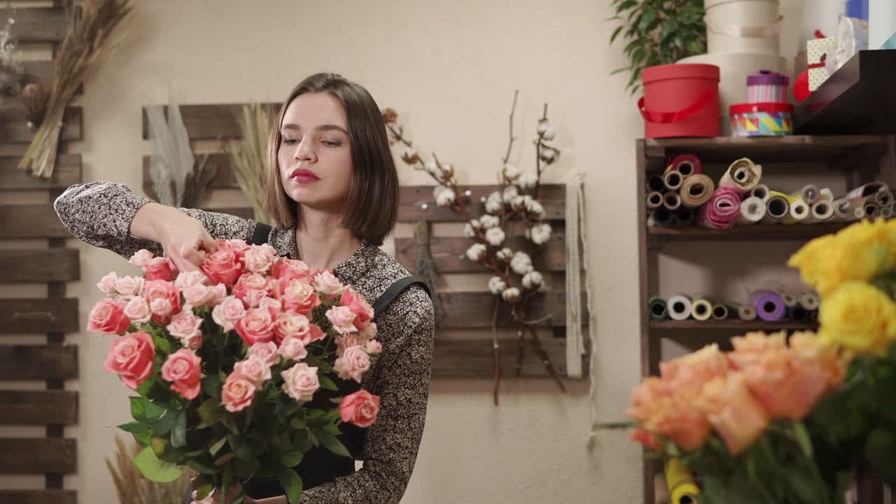 Fiorista donna che prepara un bouquet di rose rosa