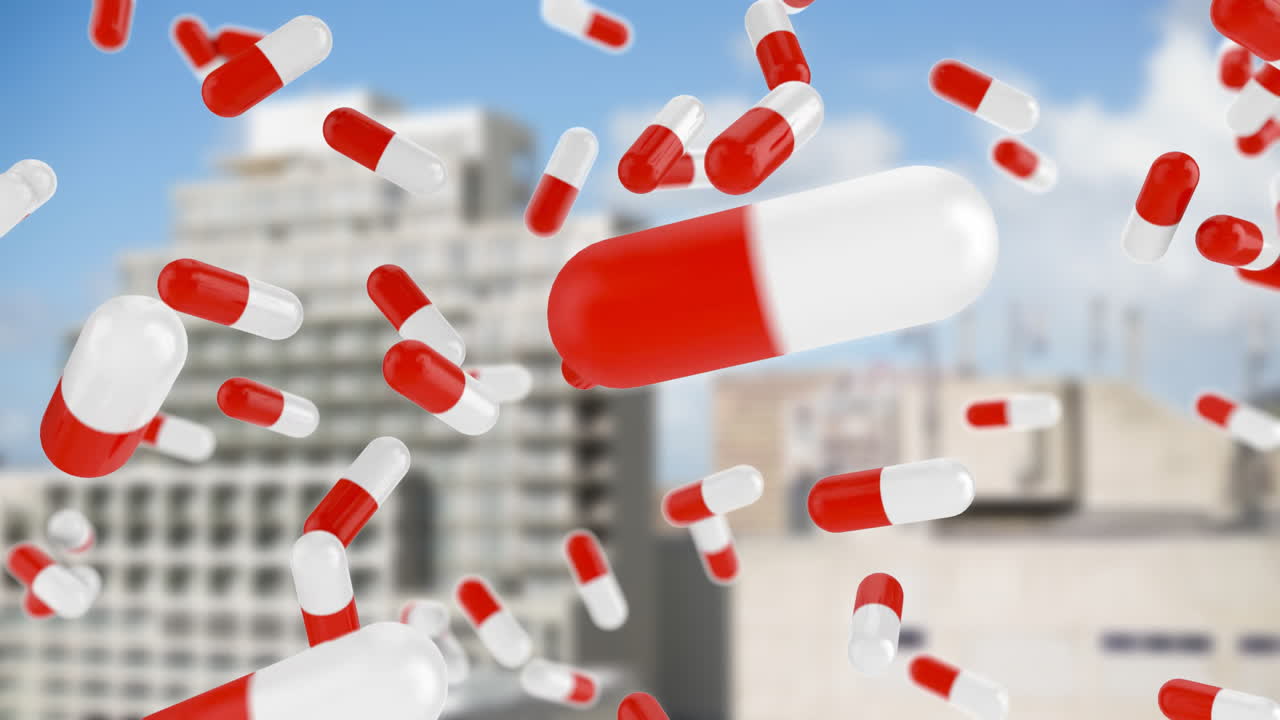 Animating red and white capsules over cityscape background