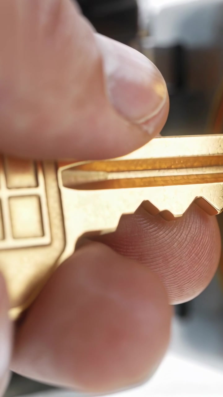 Vertical video: Sliding brass key fingers entering aligning pushing blade into lock housing to open