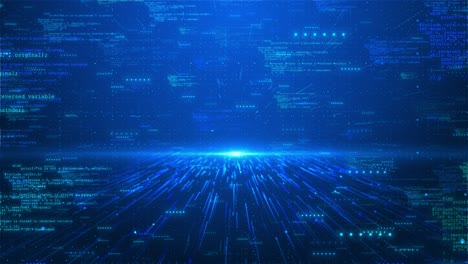 dynamic digital landscape with floating programming code illuminated blue light flare futuristic