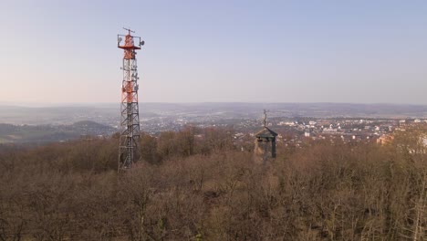 flypast of the stoppelberg aerial tower and lookout tower looking onto the city