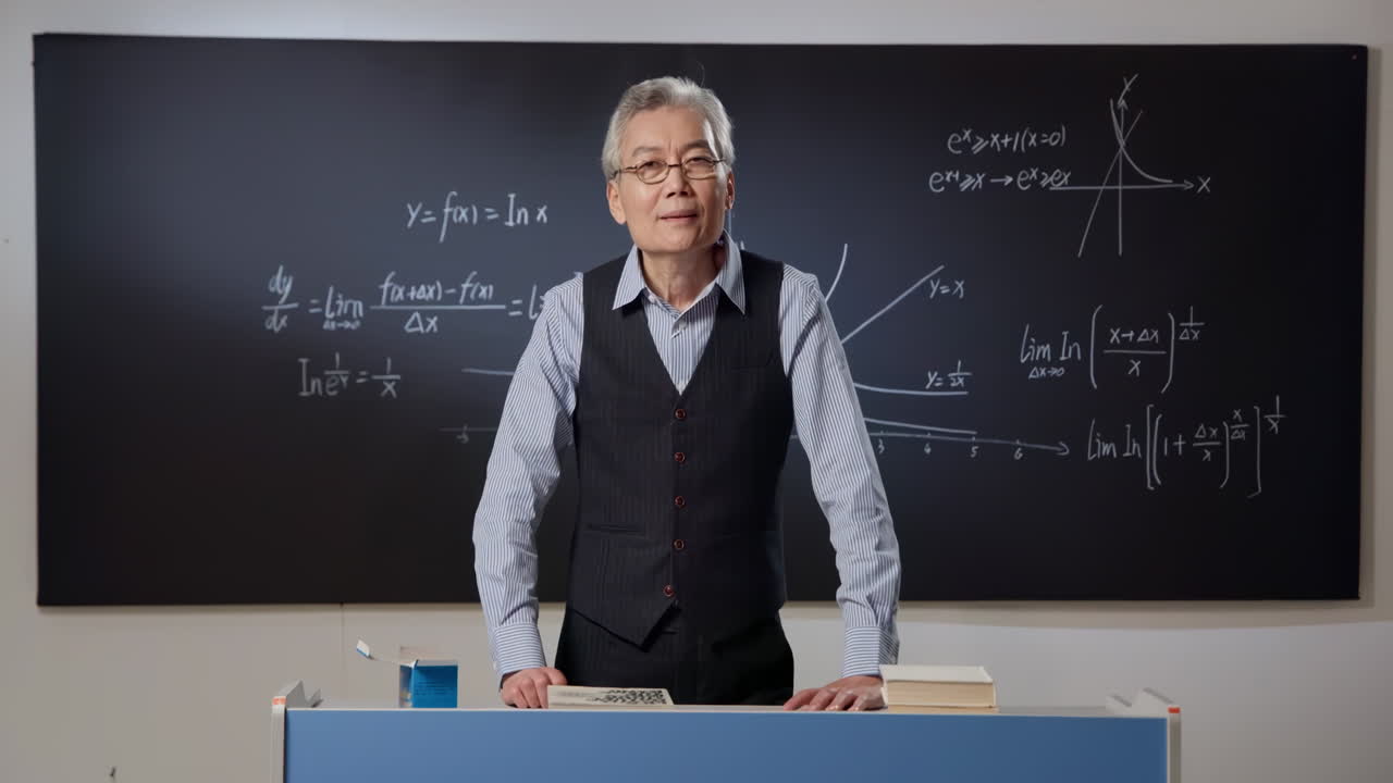 Mathematics intelligent old teacher wearing eyeglasses explaining math formulas with chalk on green chalkboard in university or school classroom. Education and studying