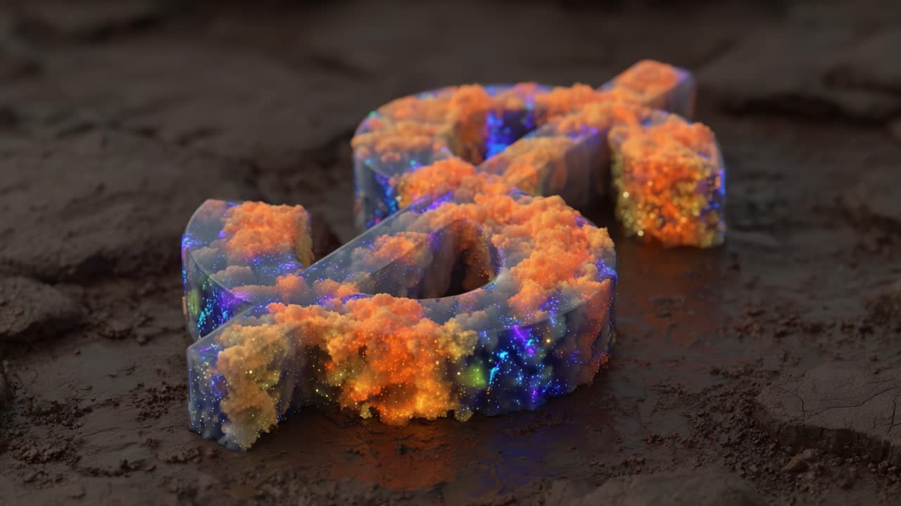 Un simbolo di valuta scintillante reso con colori galattici, che mostra una rappresentazione splendidamente texturizzata e colorata su una superficie terrosa.