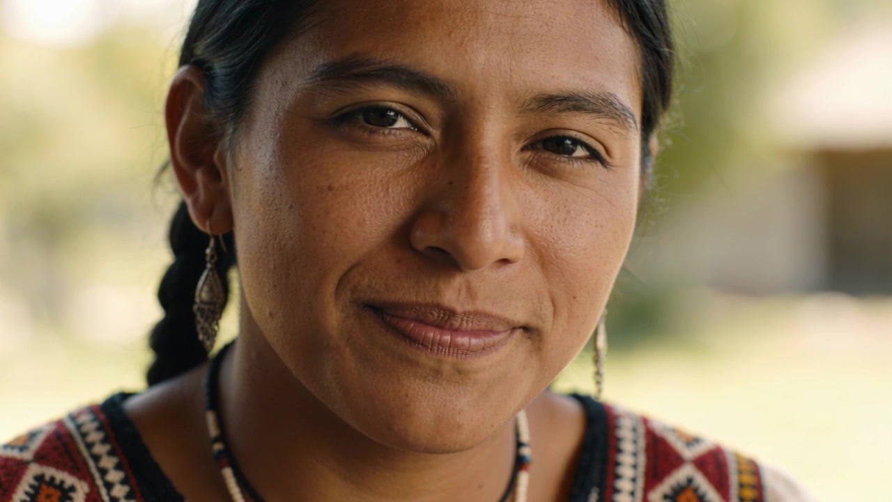 Smiling woman seeing camera, blinking holding gaze on porch, dangling earrings and embroidered top