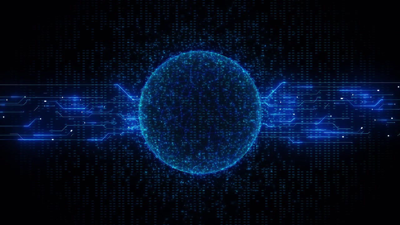 Blå cybernetværkssfære visuel med central digital globus, kredsløbsstier og svævende dataprikker