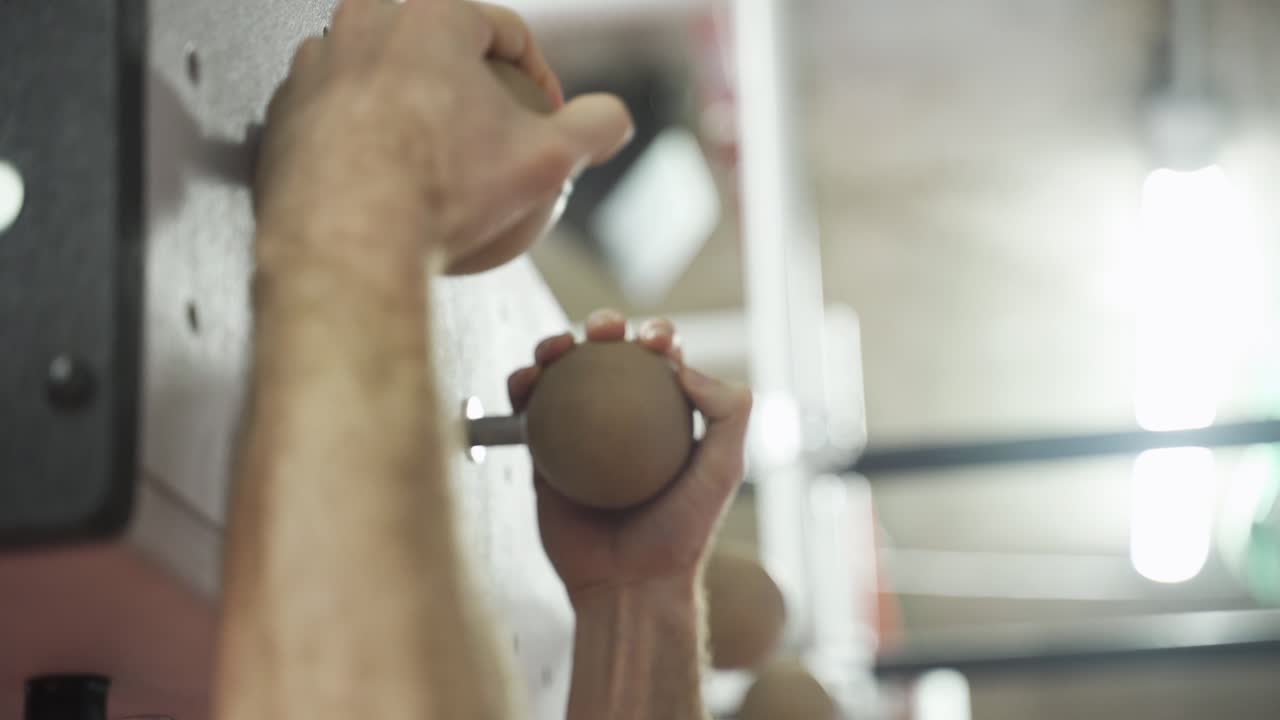 Climber hands gripping on climbing bolts. Close up