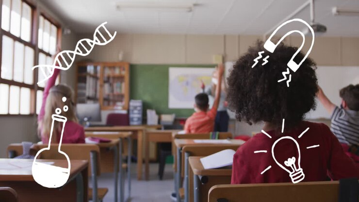 Animação de ícones de materiais escolares em movimento sobre alunos usando máscaras faciais