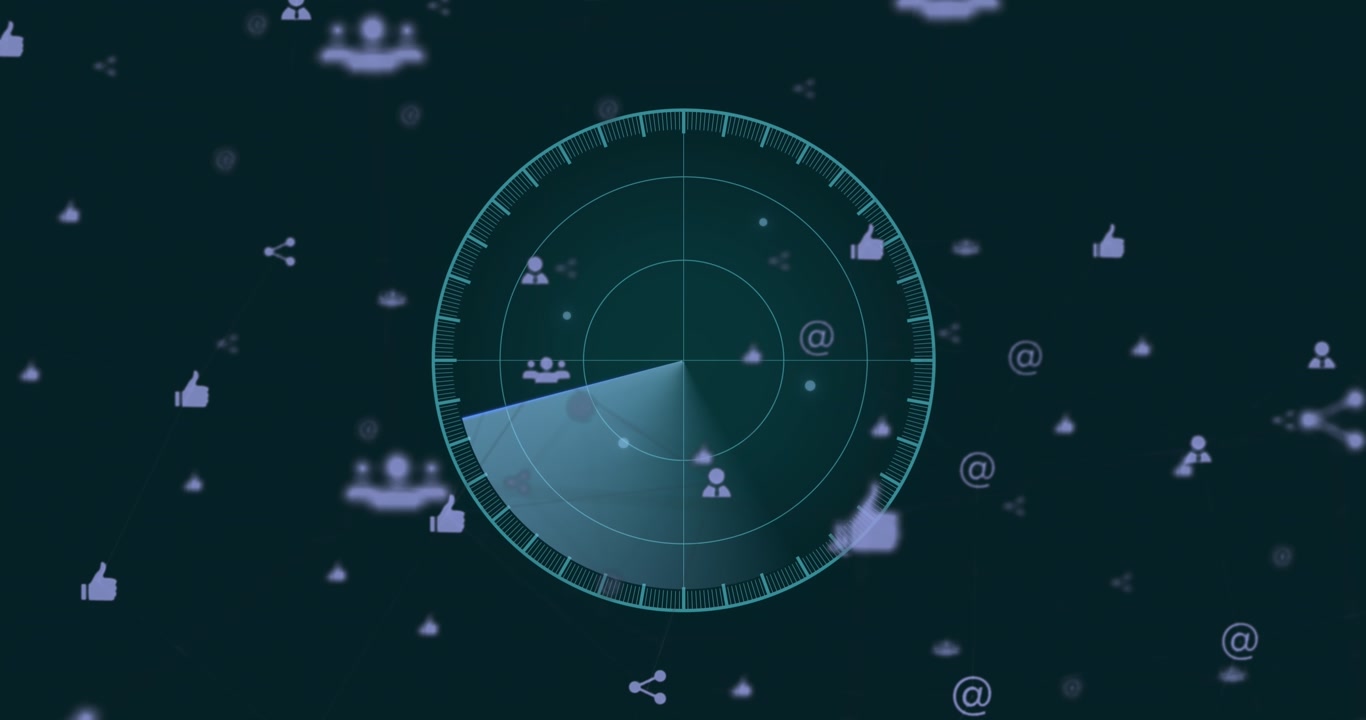 Digital animation of scope scanning over multiple digital icons floating against black background