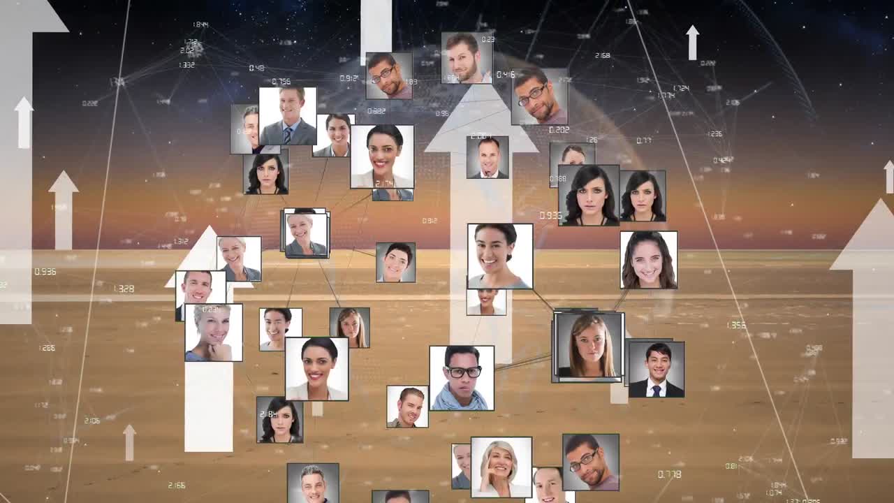 사람 의 사진 과 화살표 가 위 를 가리키는 지구 를 회전 시키는 사람 들 의 네트워크 의 애니메이션