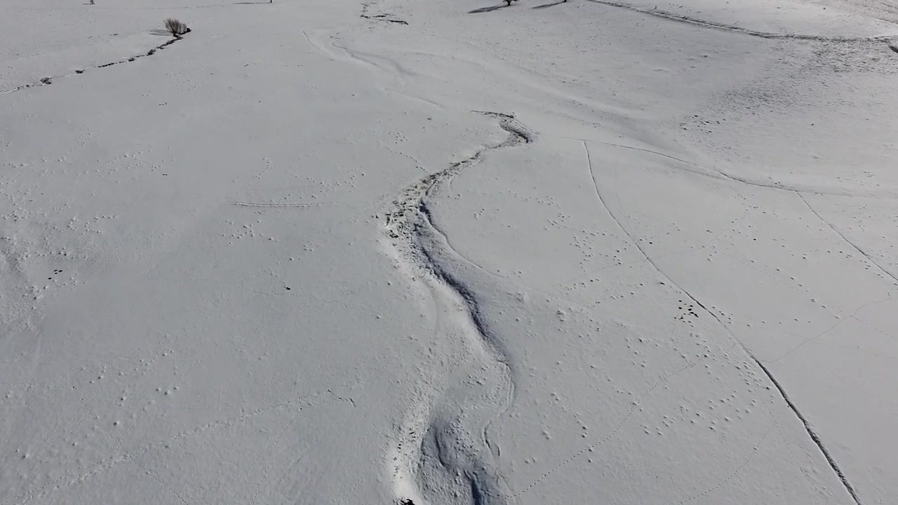 Aerial View of a Winding Stream Through a Snowy Landscape