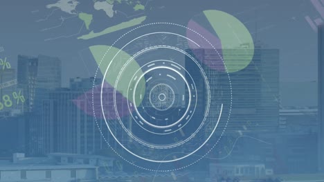 animation of round scanner, arrow moving upwards and data processing over aerial view of cityscape