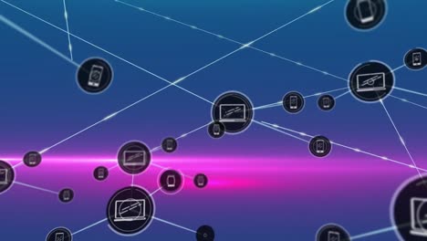 animación de la red de conexiones con iconos sobre senderos de luz sobre fondo azul