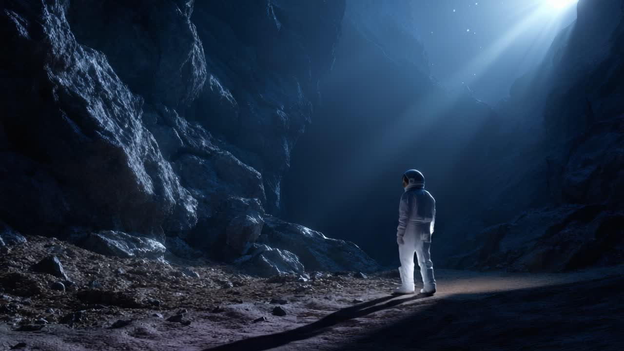 Astronautti tutkii salaperäistä luolaa, jota valonsäteet valaisevat surrealistisessa, pimeässä maisemassa, herättäen kunnioitusta ja löytämisen tunnetta kosmisessa seikkailussa.